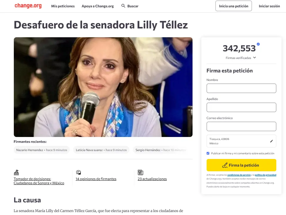 La petición ya lleva más de 300 mil firmas. Change.org.