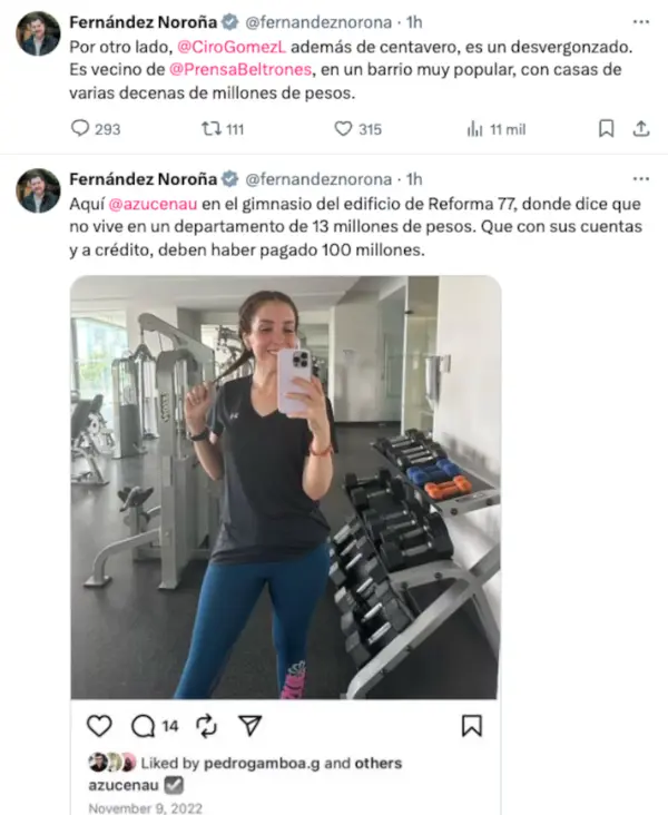 El legislador publicó en sus redes sociales una fotografía de la conductora en un gimnasio de Paseo de la Reforma. X.
