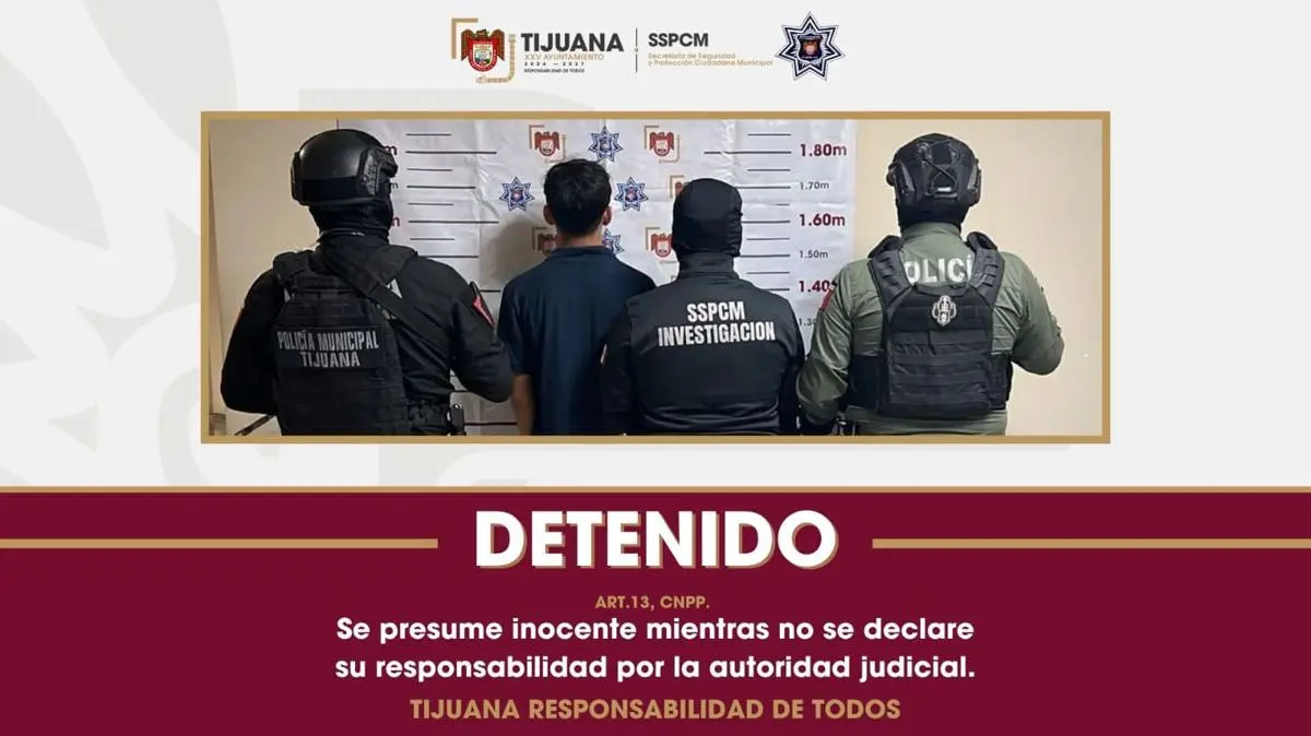 Cristian Gael "N", fue detenido por la Secretaría de Seguridad y Protección Ciudadana Municipal (SSPCM) de Tijuana Especial