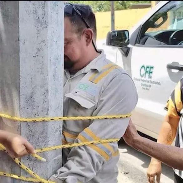 Trabajador de la CFE es amarrado a poste por un apagón en Yucatán