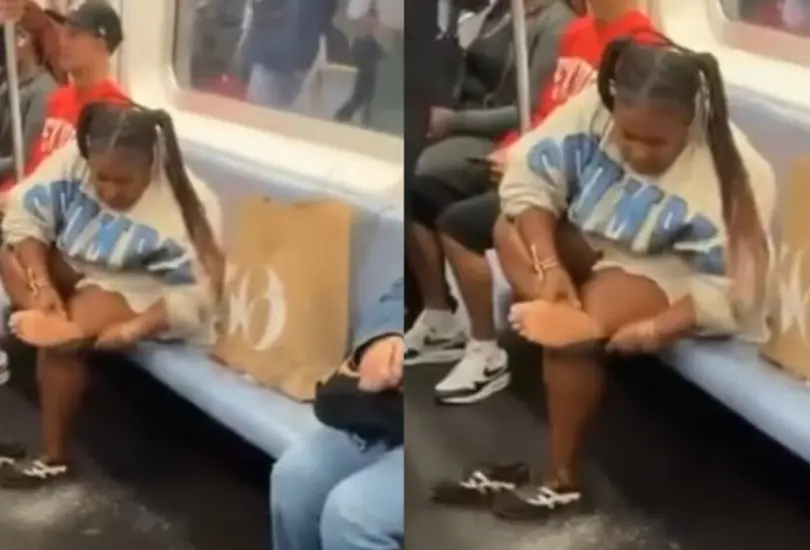 Se lima los talones en un vagón del Metro y causa indignación. Se lima los talones en un vagón del Metro y causa indignación.