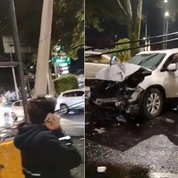 Captan brutal choque en Coyoacán: auto se incrusta en postes de electricidad