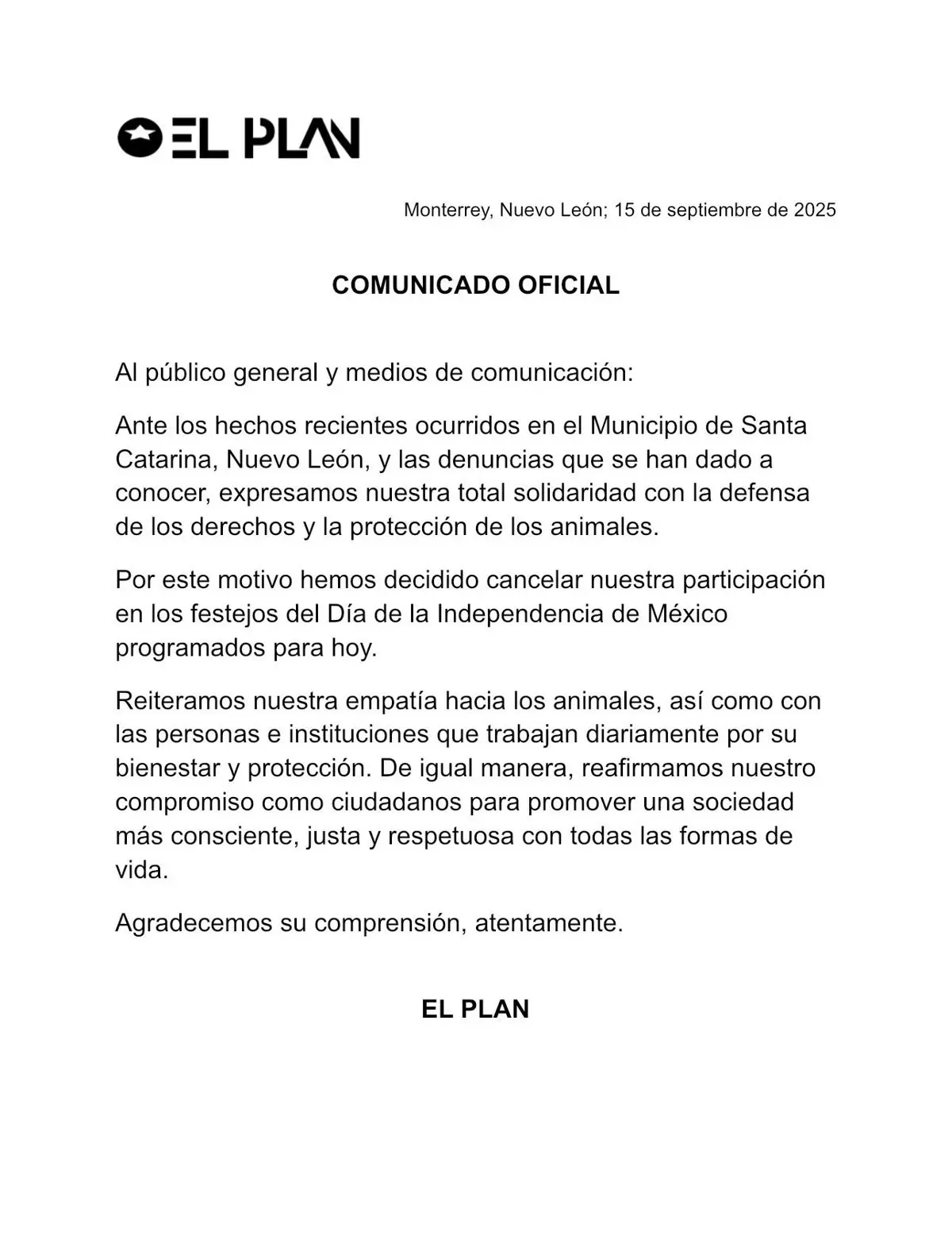 Comunicado de El Plan Especial