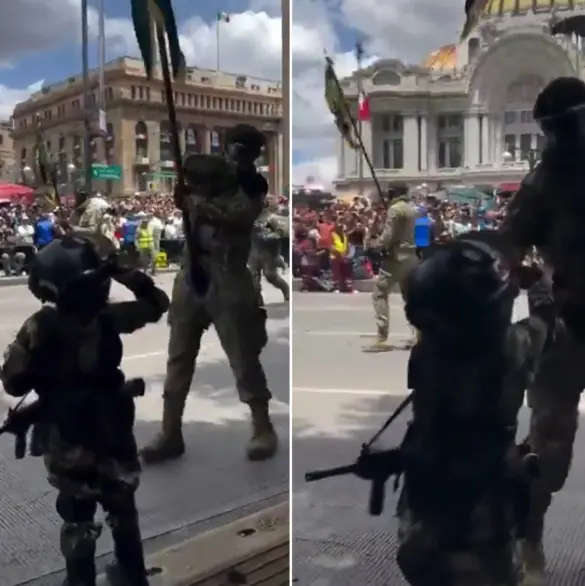 Soldado rompe filas en desfile para darle una insignia a niña vestida como militar