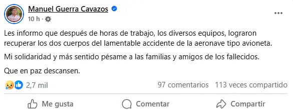 El alcalde de García añadió que se trataba de una aeronave escuela que había despegado del aeropuerto del norte. Facebook.