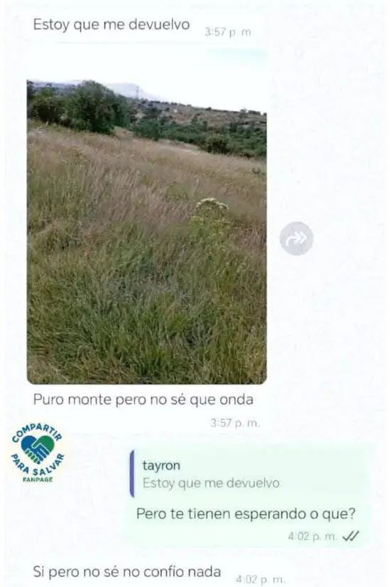 Conversación de Tayron antes de desaparecer. Especial