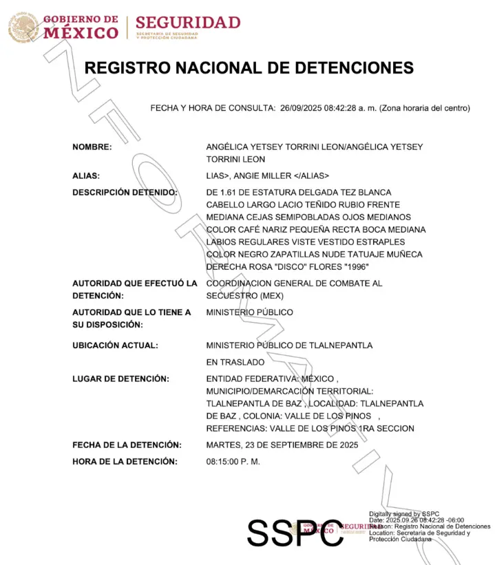 Registro de la detención de Angie Miller. Especial