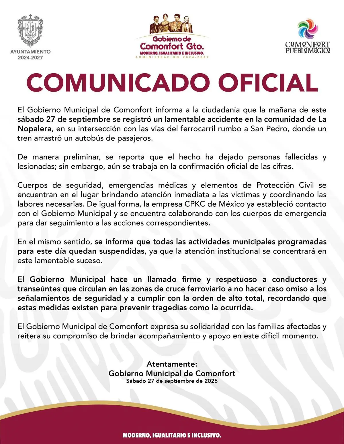Comunicado oficial Comonfort, Guanajauto Cortesía