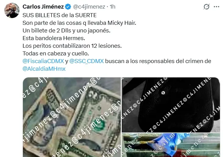 Las pertenencias de Micky Hair al momento de ser asesinado. X: @c4jimenez
