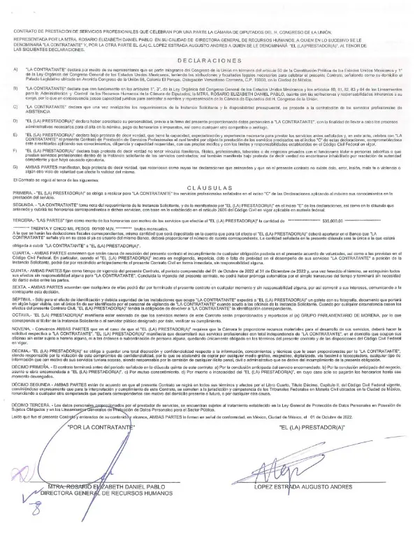 Los contratos evidencian que ya percibía un sueldo como asesor del Grupo Parlamentario de Morena. X.