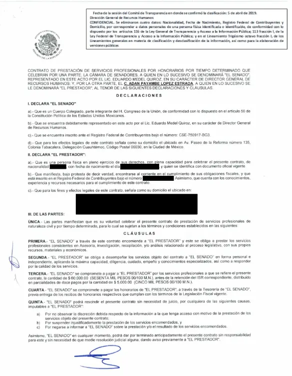 Adán Payambé López Estrada fue contratado en 2018 como asesor en el Senado de la República, bajo un esquema por honorarios y por tiempo indefinido. Emeequis.
