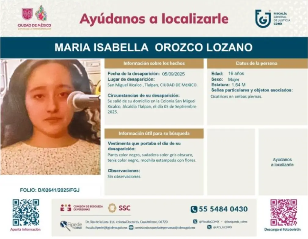 María Isabella fue vista por última vez el pasado 2 de septiembre en el Ajusco. Especial