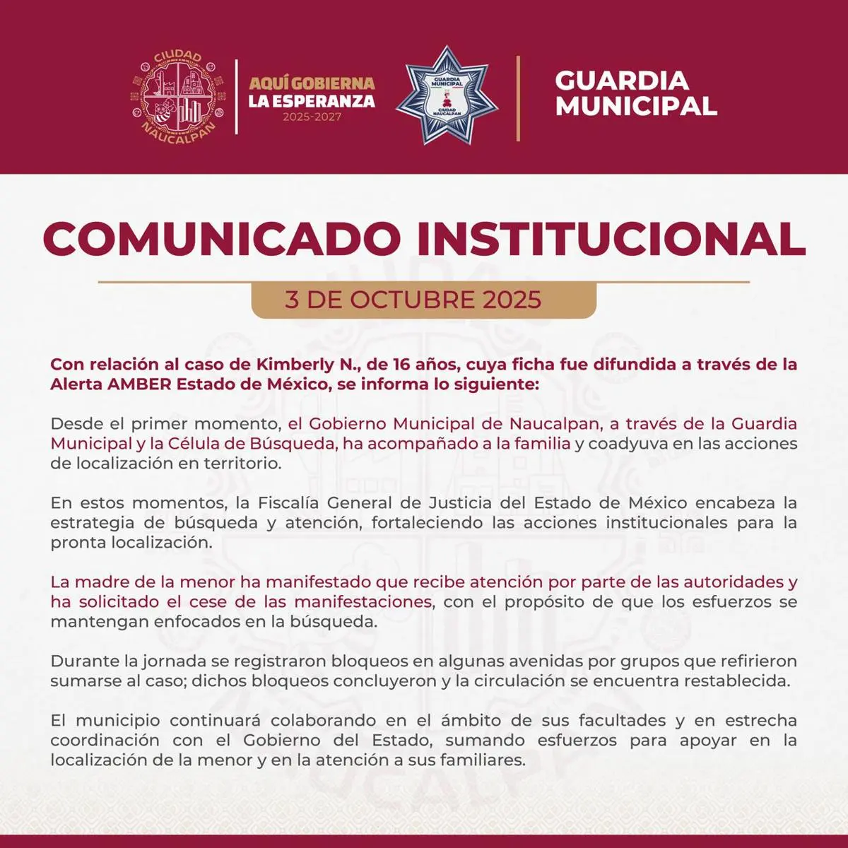 Comunicado caso Kimberly Guardia Municipal Ciudad Naucalpan