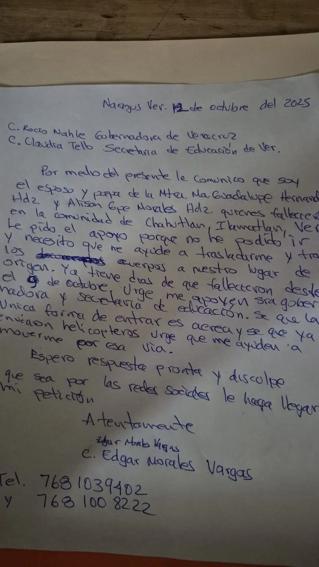 Al final del documento, expresó disculpas por recurrir a las redes sociales como medio para difundir su mensaje. Facebook.