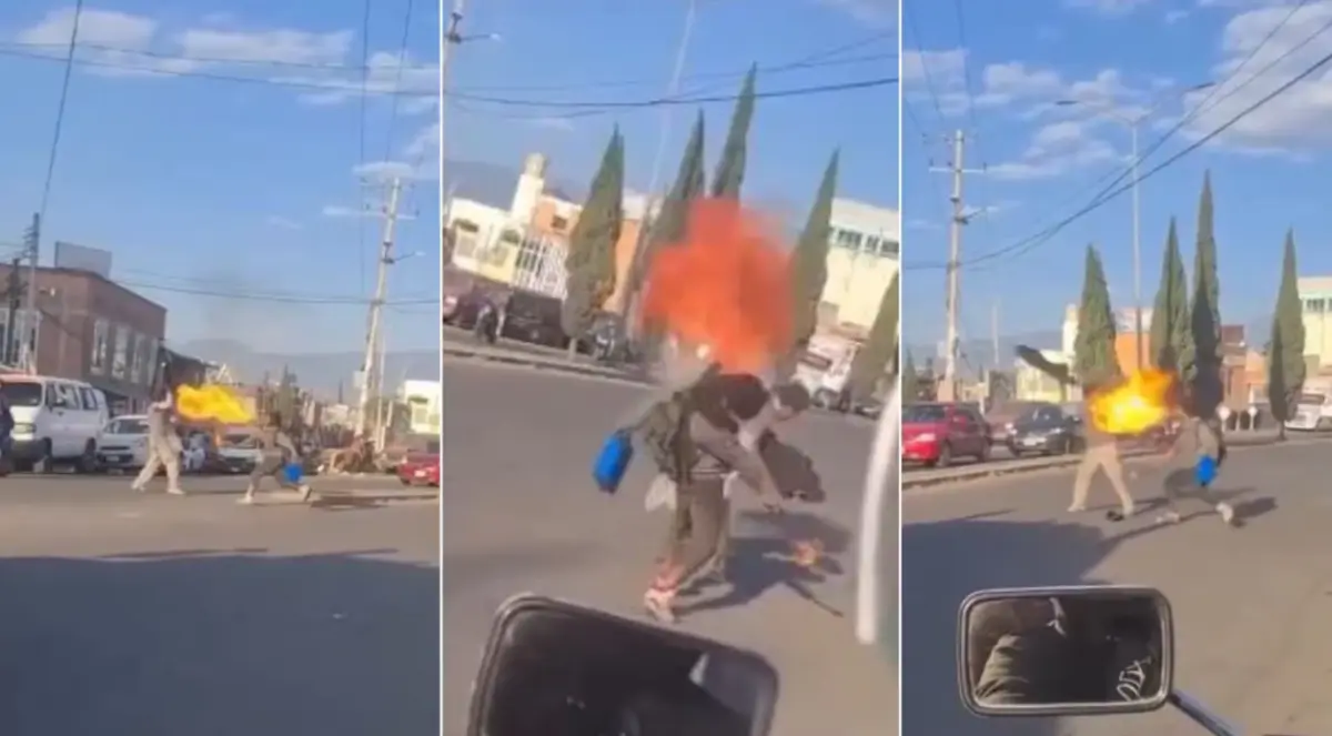 La pelea entre el tragafuegos y limpiavidrios se viralizó en redes sociales. Captura de pantalla