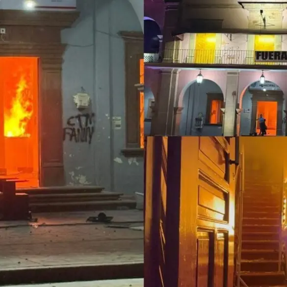 Arde Palacio de Apatzingán: viuda de Carlos Manzo pide protestas pacíficas