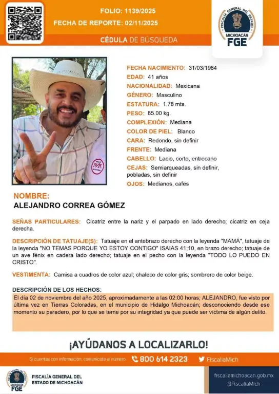La desaparición de Alejandro Correa Gómez ocurre en un contexto de tensión en Michoacán, marcado por la reciente muerte del alcalde de Uruapan, Carlos Manzo. FGE Michoacán.