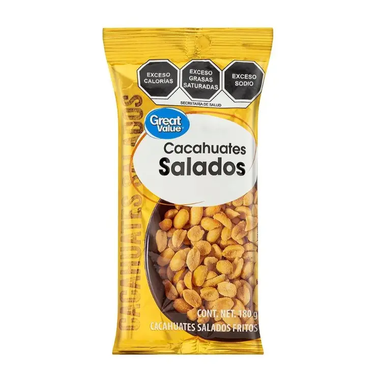 Great Value Cacahuates salados fritos: declara 387 mg/100 g y contiene 659 mg/100 g. Especial.