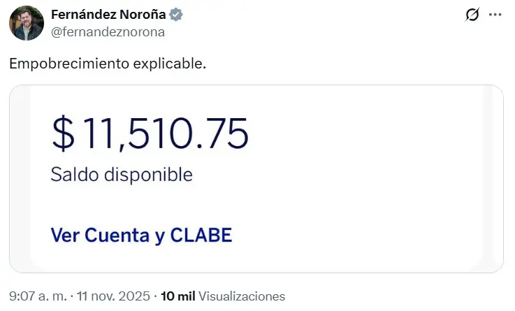 Noroña reveló cuánto tiene en su cuenta bancaria. X: @fernandeznorona.