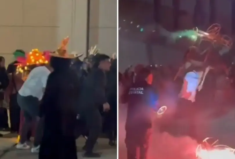 En las imágenes se aprecia a varios agentes vestidos con disfraces alusivos a calaveras y catrinas, y hay mujeres con sombreros de bruja, bailando al ritmo de una banda en el patio del cuartel.