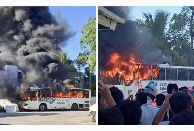 Estudiantes de Conalep quedan fuera de las Becas de Bienestar y queman camión en Tabasco