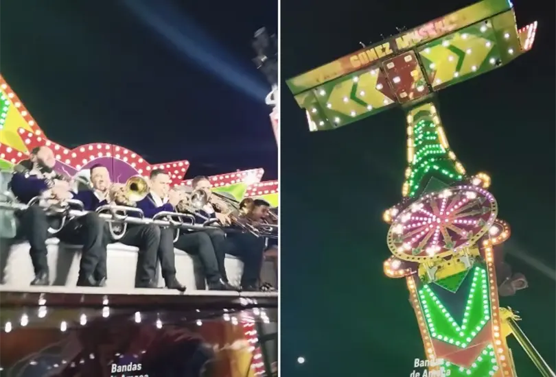 La escena quedó registrada en un video que rápidamente se viralizó y que mostró a los artistas disfrutando de la adrenalina sin dejar de tocar sus instrumentos. La escena quedó registrada en un video que rápidamente se viralizó y que mostró a los artistas disfrutando de la adrenalina sin dejar de tocar sus instrumentos.