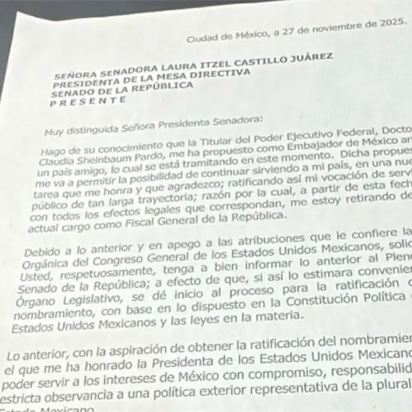 ¿Qué dice?: Esta es la carta de renuncia a la FGR que Alejandro Gertz Manero envió al Senado