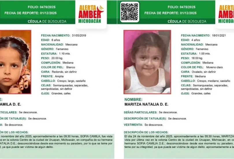 Buscan a Sofía Camila y Natalia, hermanitas desaparecidas en Uruapan tras feminicidio de su madre