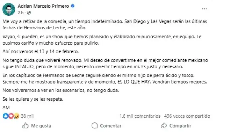 Adrián Marcelo anunció su retiro temporal de la comida. Facebook