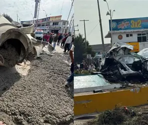 Tragedia en Almoloya: revolvedora se queda sin frenos, choca con taxi y vuelca