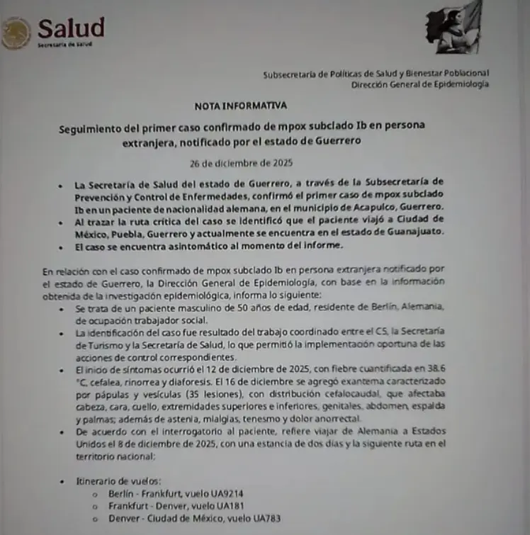 El primer caso de detección de viruela símica fue identificado en un hombre de 50 años. Secretaría de Salud