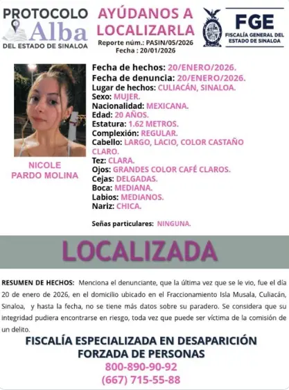 La confirmación de que fue localizada con vida representa un giro clave en un caso que mantenía en vilo a Culiacán. FGE.