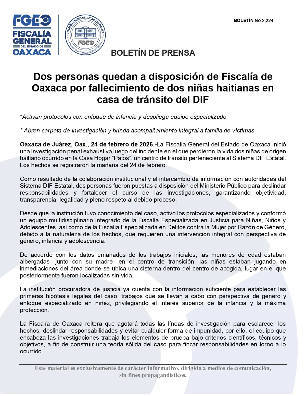 Comunicado de Fiscalía Especial