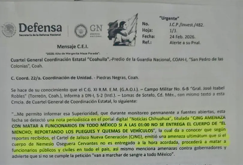 "CJNG amenaza con desatar sangre en México": filtran supuesto documento tras muerte de "El Mencho" "CJNG amenaza con desatar sangre en México": filtran supuesto documento tras muerte de "El Mencho"