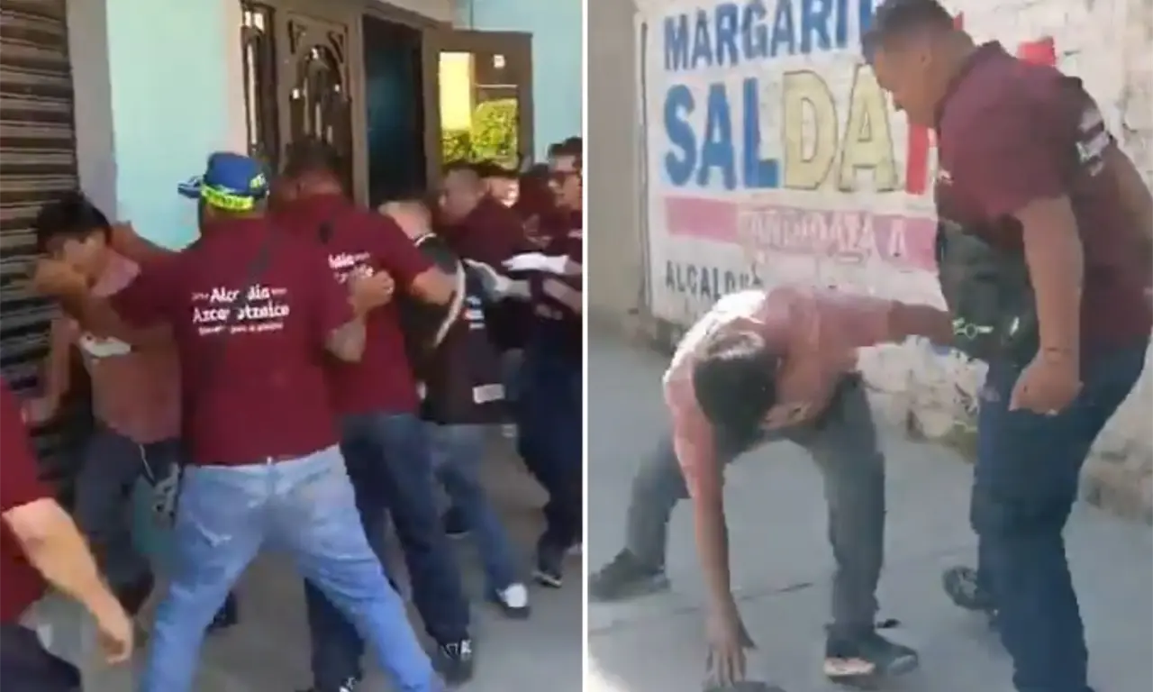  En un momento se observa a varios trabajadores agredir físicamente al mismo vecino. 