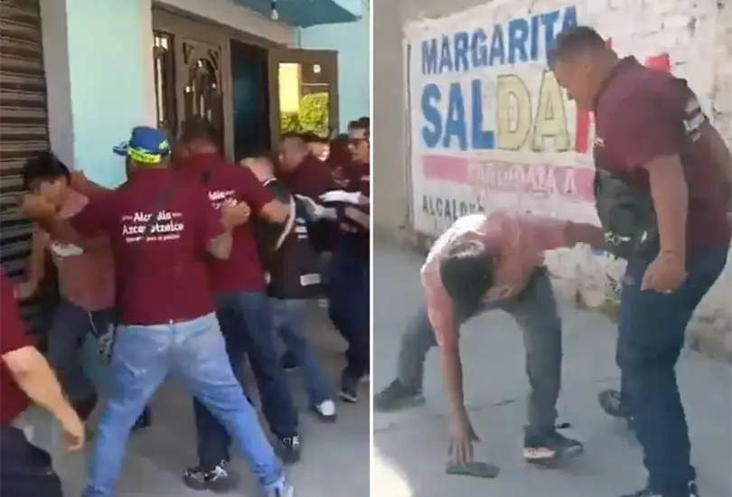 En un momento se observa a varios trabajadores agredir f&iacute;sicamente al mismo vecino.