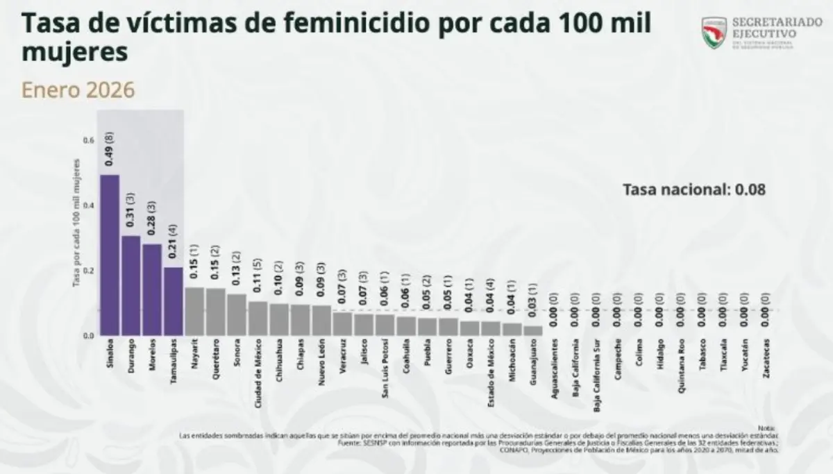 En enero de 2026 se registraron 54 feminicidios en México, concentrándose casi el 40% en Sinaloa, CDMX, Estado de México y Tamaulipas Especial