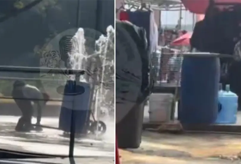 Captan a sujeto usando agua de fuente p&uacute;blica para puesto de tacos en el Centro Hist&oacute;rico de CDMX