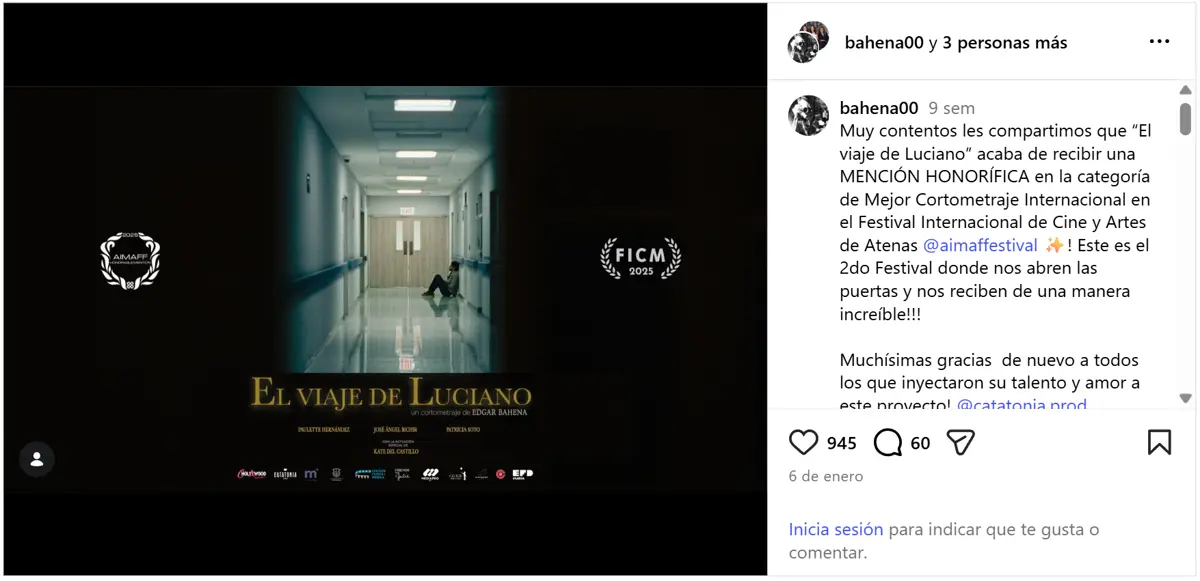 El último proyecto en que el actor participó recibió una mención honorífica por el Festival Internacional de Cine y Artes. Especial
