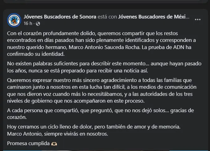 Confirman que restos localizados en Hermosillo corresponden a Marco Antonio Sauceda