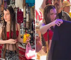 Captan a Belinda comprando ropa y comiendo en un tianguis de la CDMX