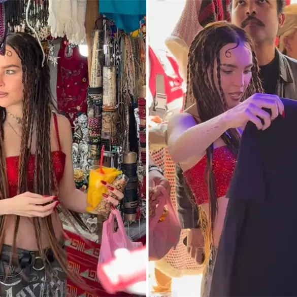 Captan a Belinda comprando ropa y comiendo en un tianguis de la CDMX