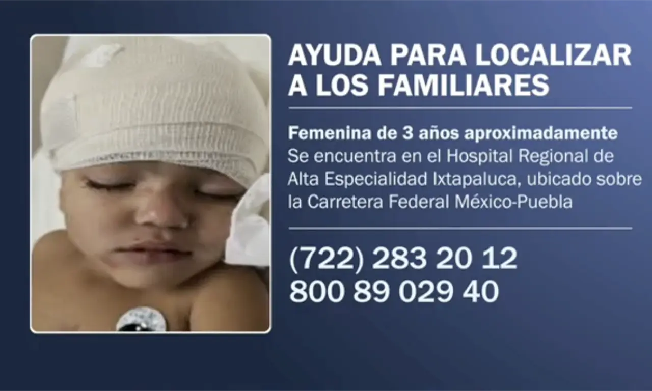  Buscan a familia de niña herida tras trágico accidente en Chalco: difunden su imagen para identificarla 