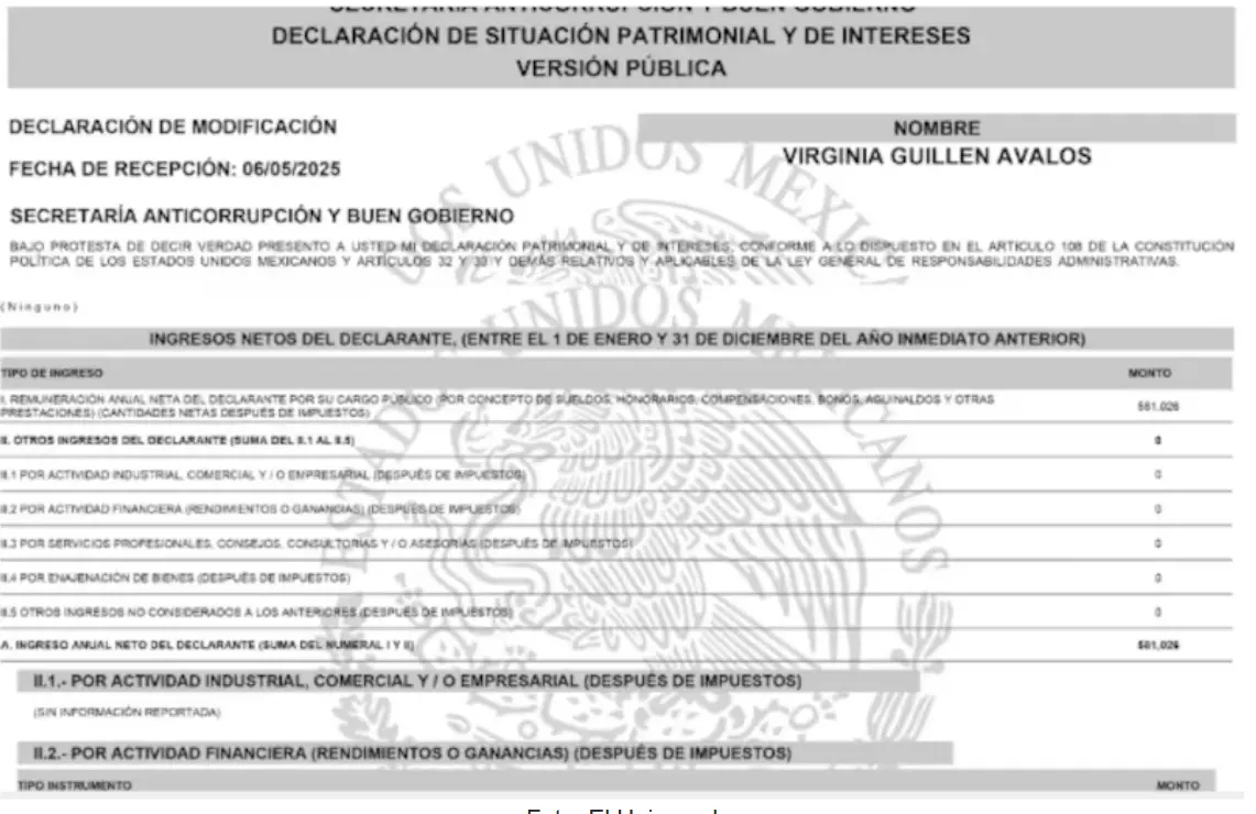 Declaración patrimonial de Virginia Guillén. Especial