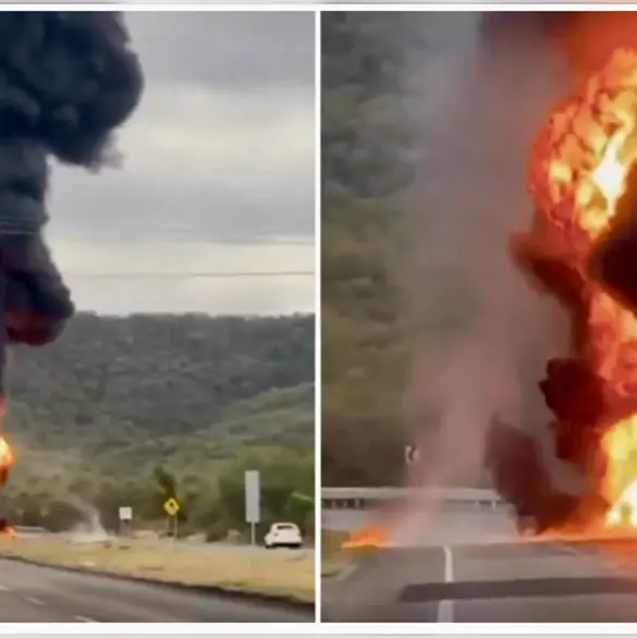 &iexcl;Explosi&oacute;n en la carretera! Pipa con gasolina vuelca y estalla en Montemorelos | VIDEO