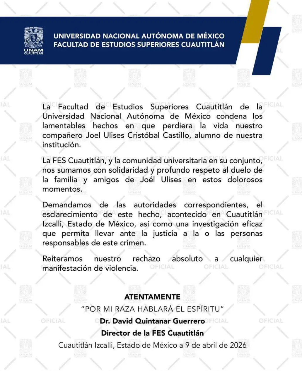 La UNAM lamentó la muerte del alumno Joel Ulises Cristóbal Castillo. Especial