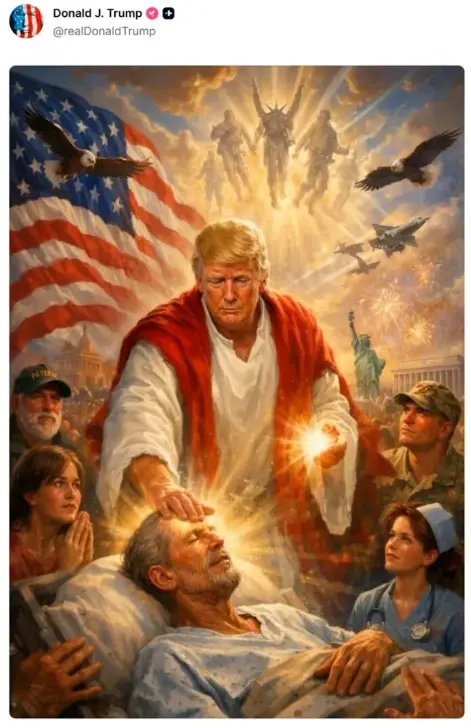 La escena incluía símbolos patrióticos y militares, lo que fue interpretado por críticos como una mezcla provocadora de política, religión y poder. Truth Social.