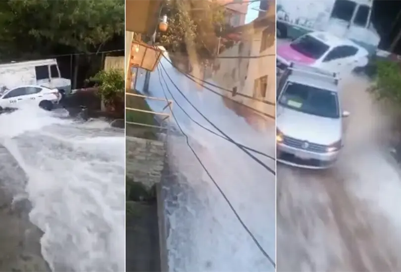 Fuerte corriente de agua inunda calles y viviendas en Torres de Potrero, Álvaro Obregón, tras una megafuga. Fuerte corriente de agua inunda calles y viviendas en Torres de Potrero, Álvaro Obregón, tras una megafuga.