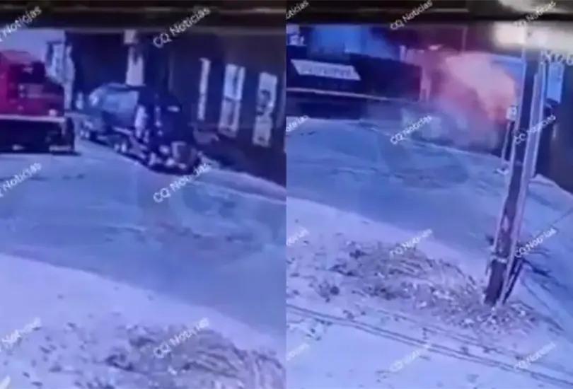 Captan momento en que tren embiste pipa y causa fuerte explosi&oacute;n en Quer&eacute;taro.