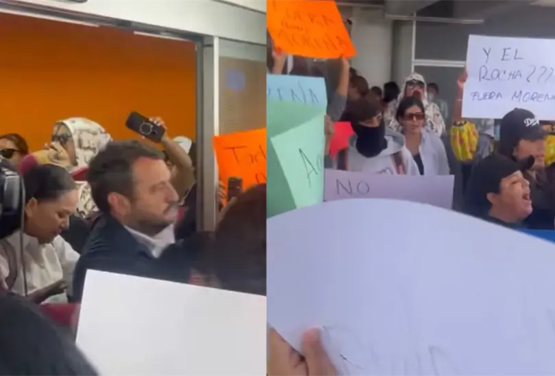 La llegada de "Andy" L&oacute;pez Beltr&aacute;n y Ariadna Montiel a Chihuahua estuvo marcada por protestas, gritos y empujones de manifestantes.
